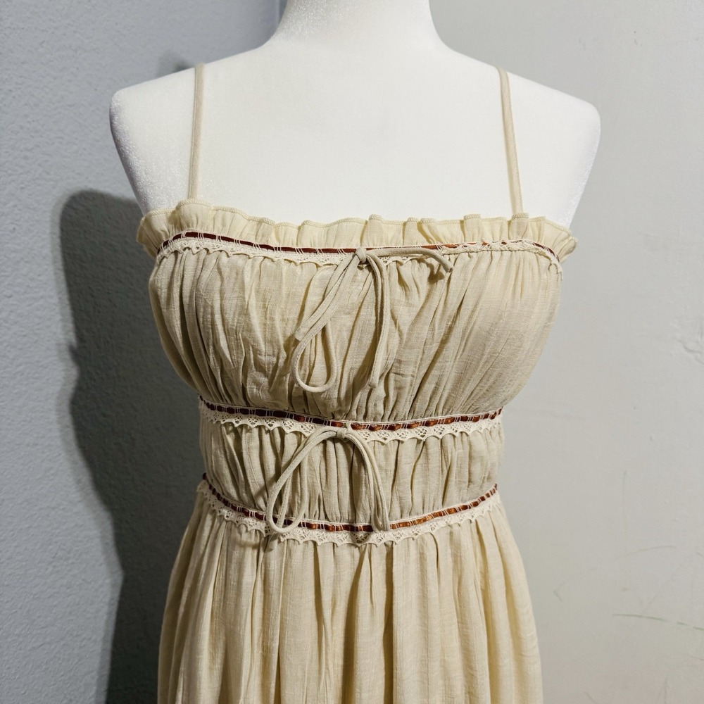 Cottagecore Sincerely Jules Cream Smocked Peasant Maxi Bohemian Tiered‎ Dress M - Picture 4 of 15